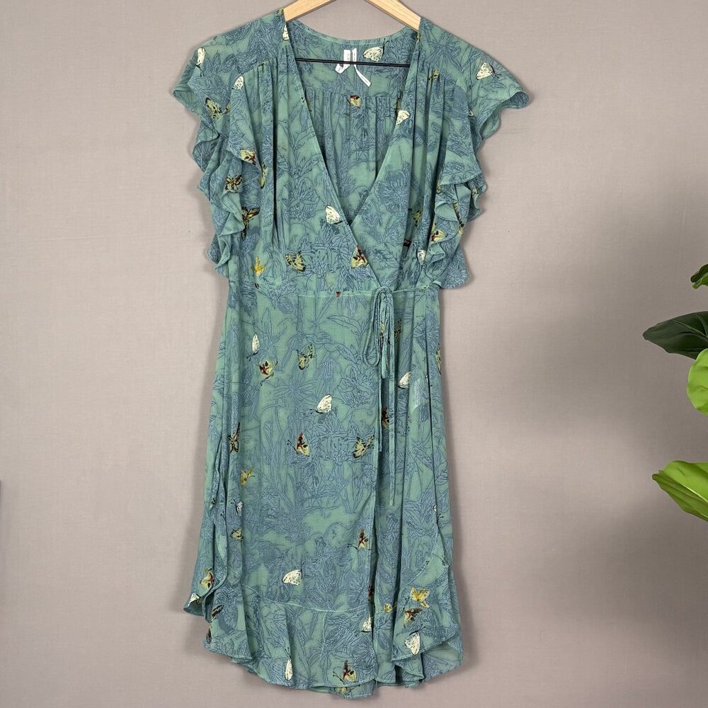 Anthro Feather Bone Butterfly Wrap Dress Tunic Blue Green Ruffle Sleeve Size S